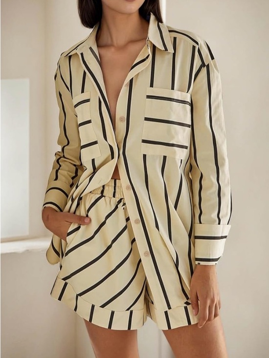 Amazon Pants - Amazon Women's Cream and Black Striped Pajama Set